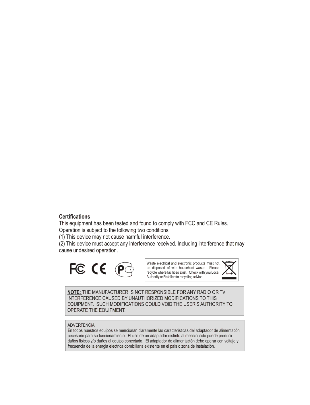 TRENDnet TK-407K manual Certifications, Advertencia 