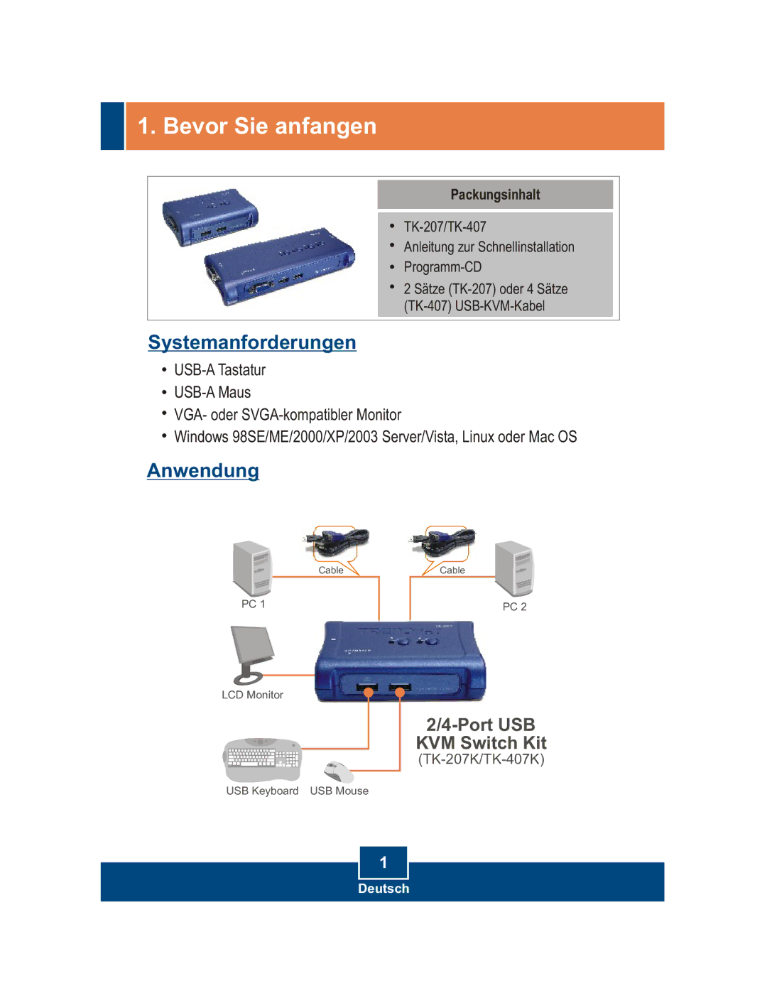 TRENDnet TK-407K manual Bevor Sie anfangen, Packungsinhalt 