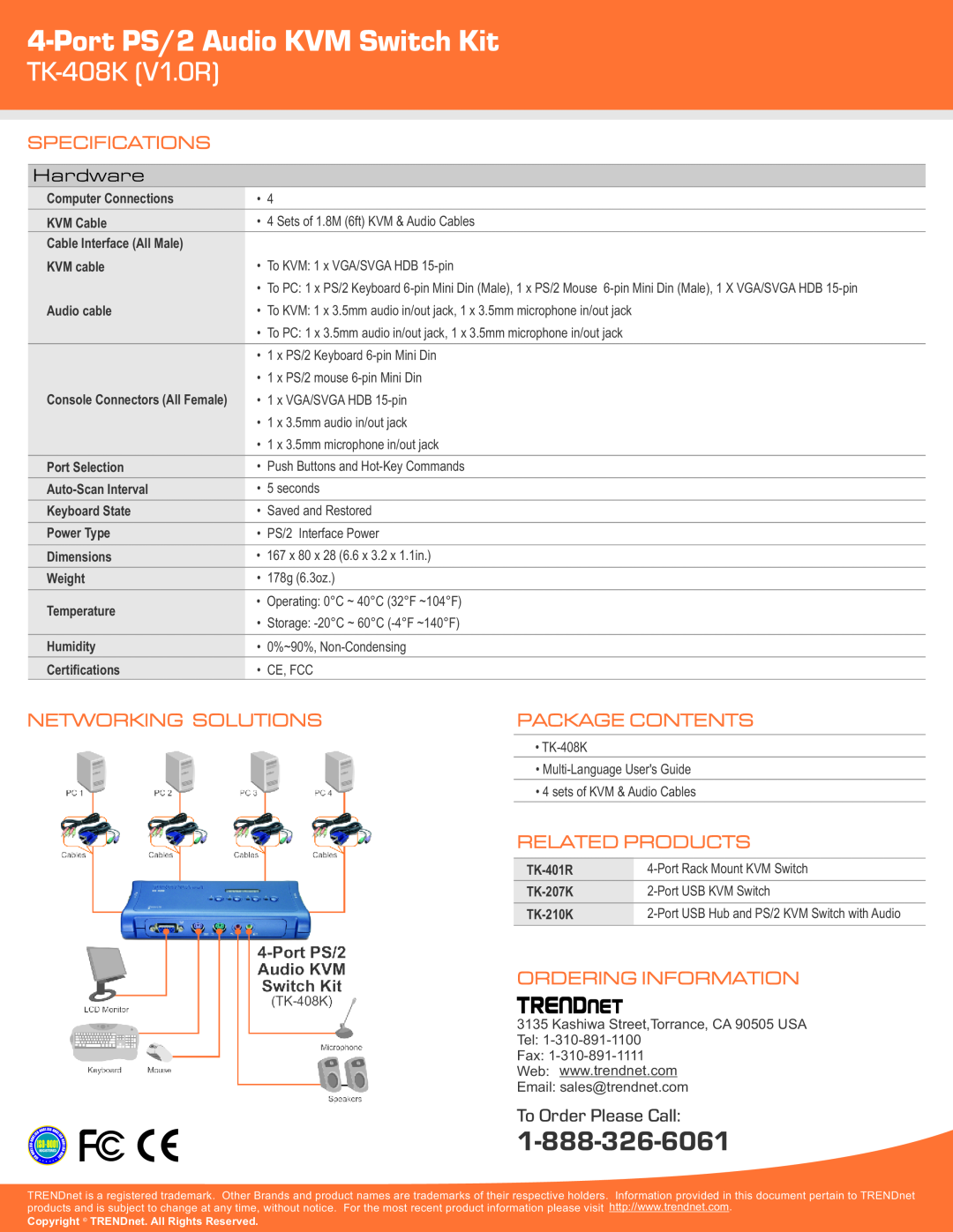TRENDnet warranty Port PS/2 Audio KVM Switch Kit, TK-408K V1.0R, Specifications, Hardware, Networking Solutions 