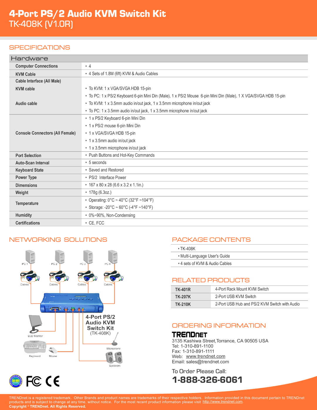 TRENDnet TK-408K warranty Specifications, Networking Solutions Package Contents, Related Products, Ordering Information 