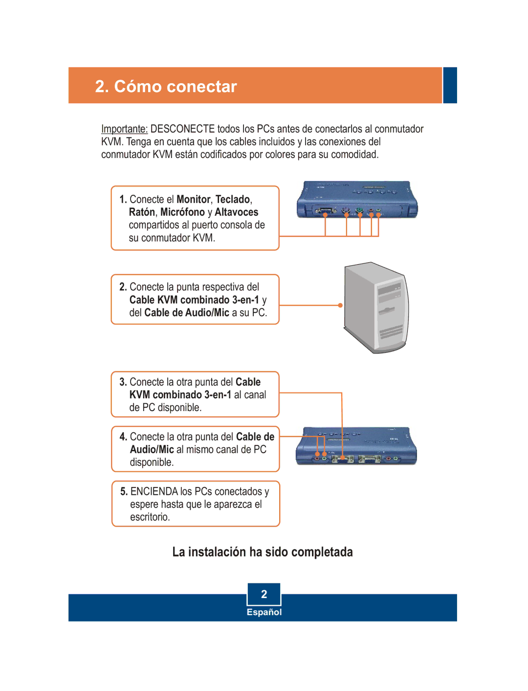 TRENDnet TK-408K manual Cómo conectar, Cable KVM combinado 3-en-1 y Del Cable de Audio/Mic a su PC 