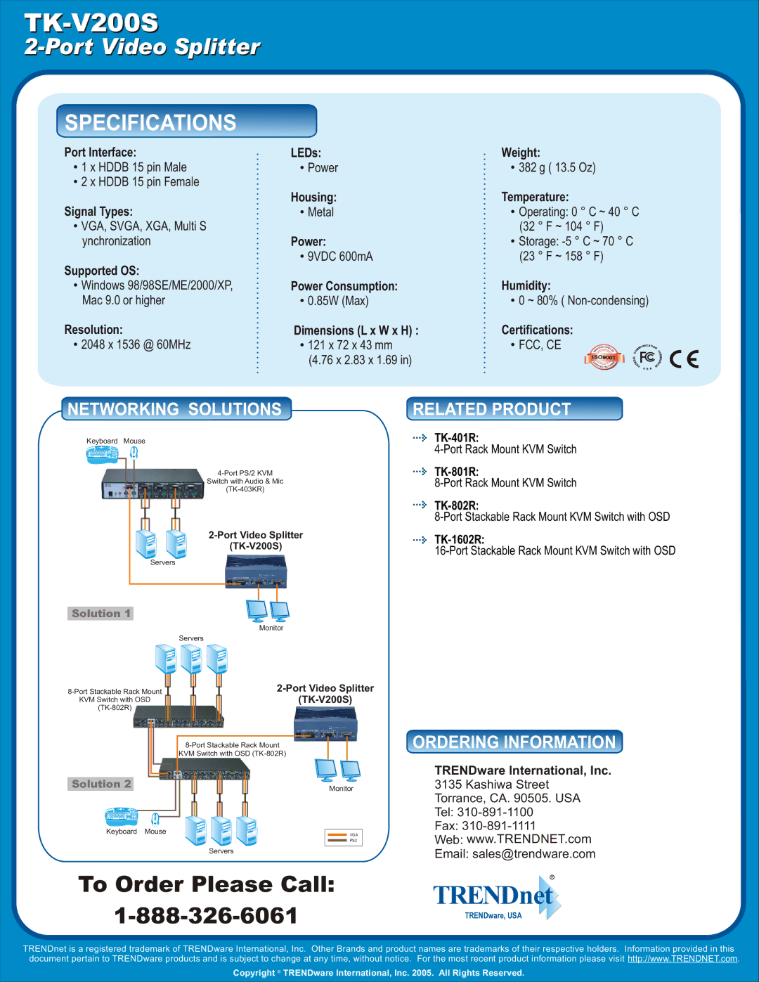 TRENDnet TK-V200S, 2-Port Video Splitter warranty Specifications, Networking Solutions, Ordering Information 