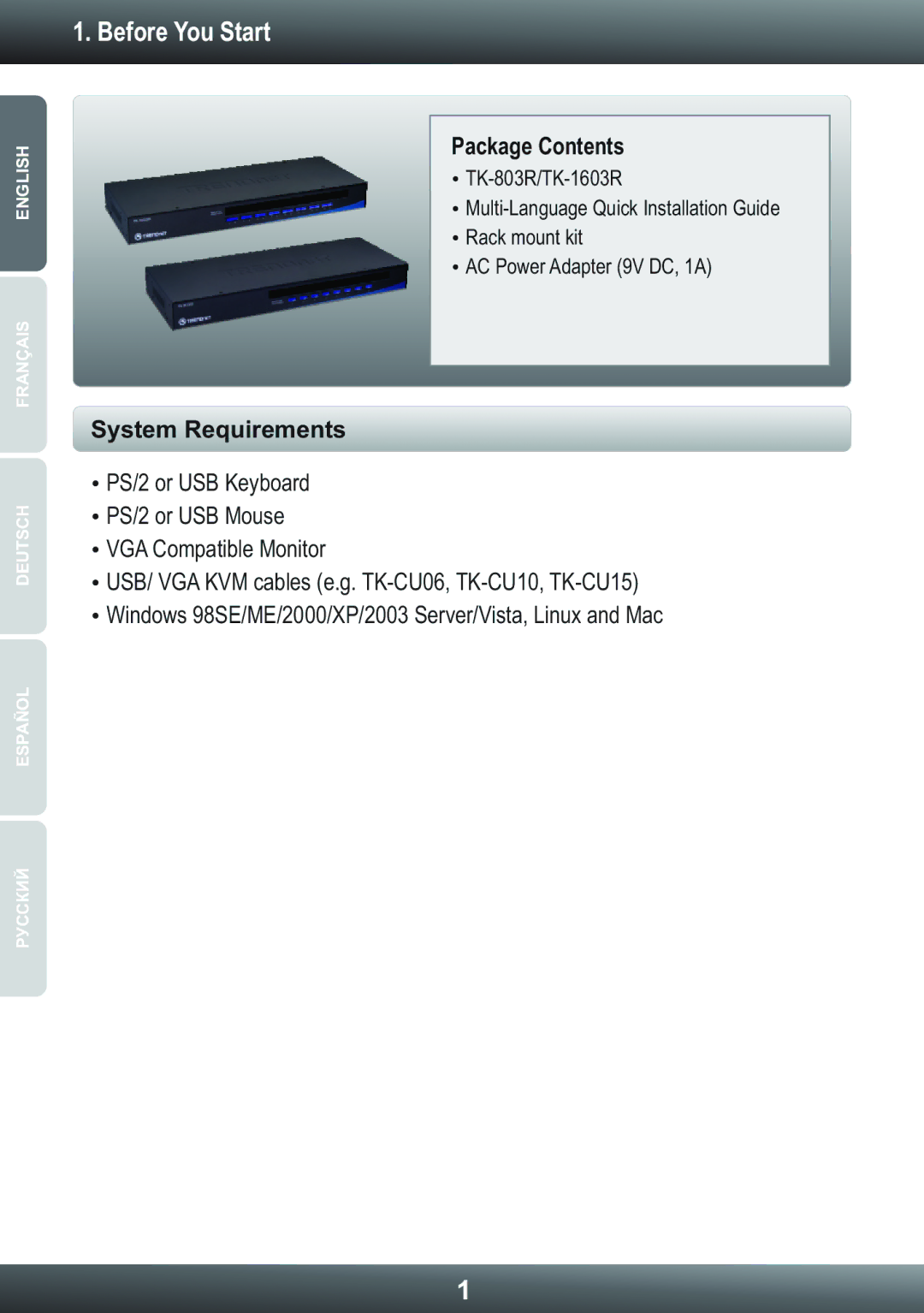 TRENDnet TK1603R manual Before You Start, Package Contents, System Requirements 