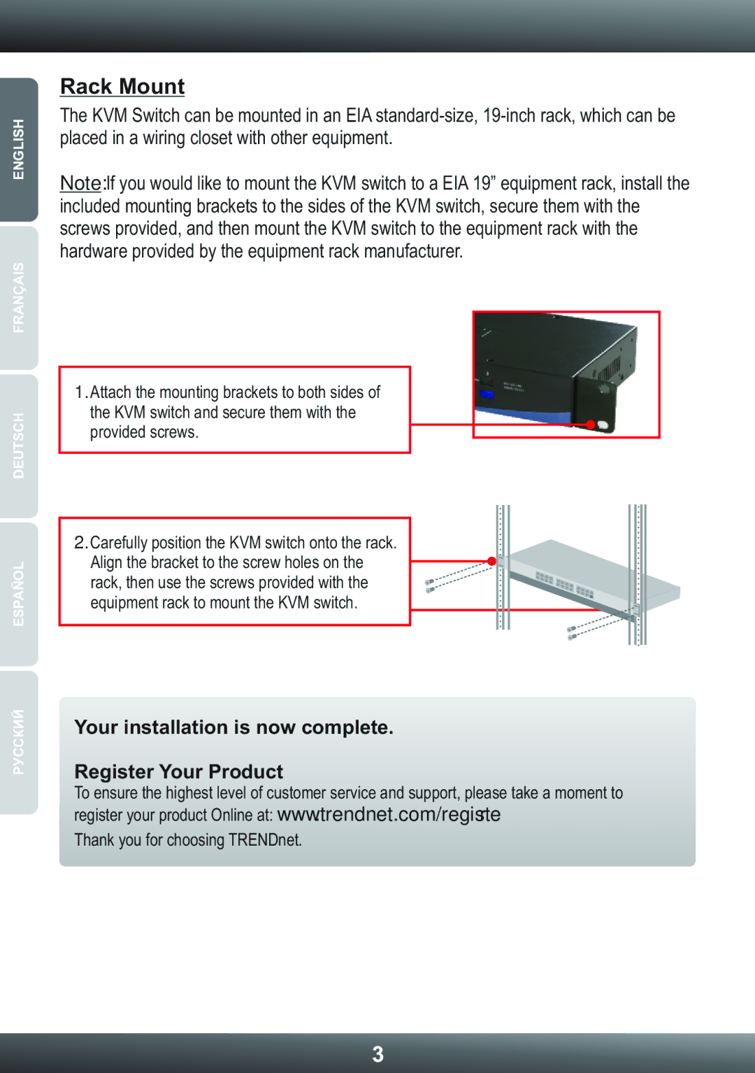 TRENDnet TK1603R manual Rack Mount, Your installation is now complete Register Your Product 