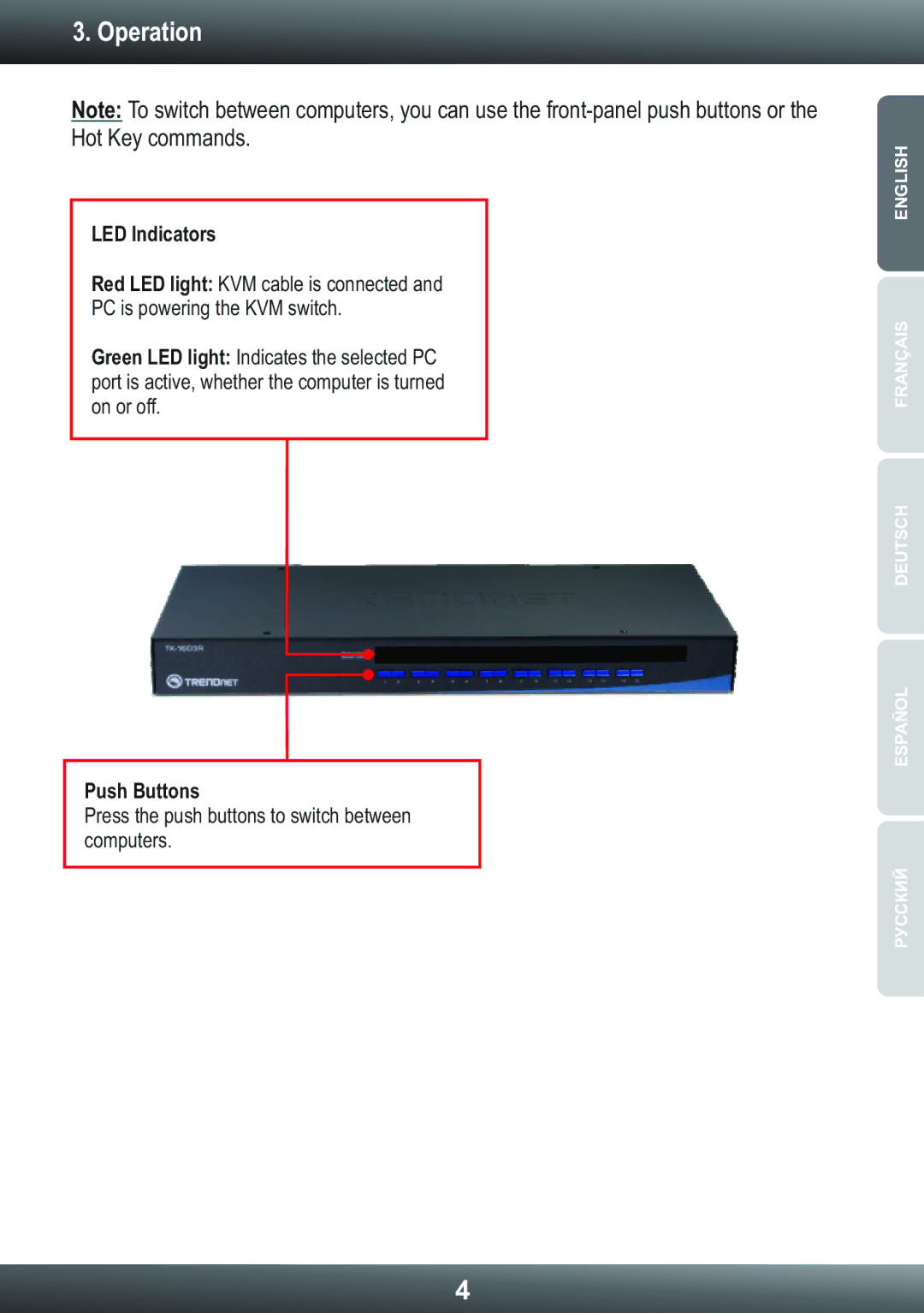 TRENDnet TK1603R manual Operation, LED Indicators, Push Buttons 