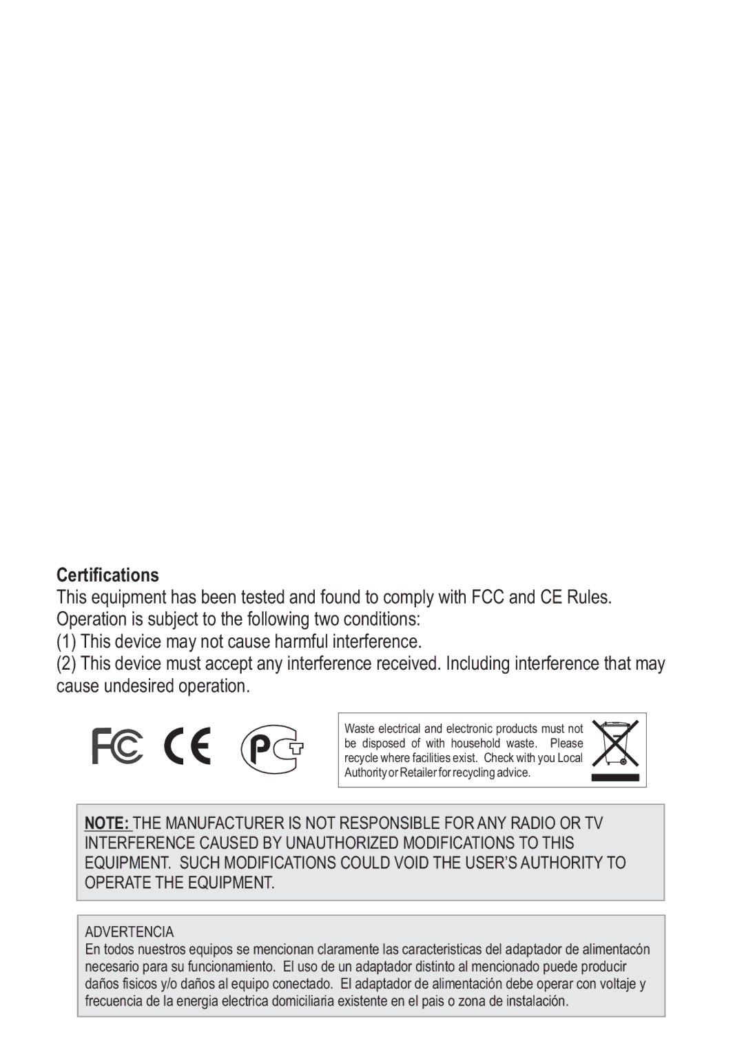 TRENDnet TK801R manual Certifications, Advertencia 