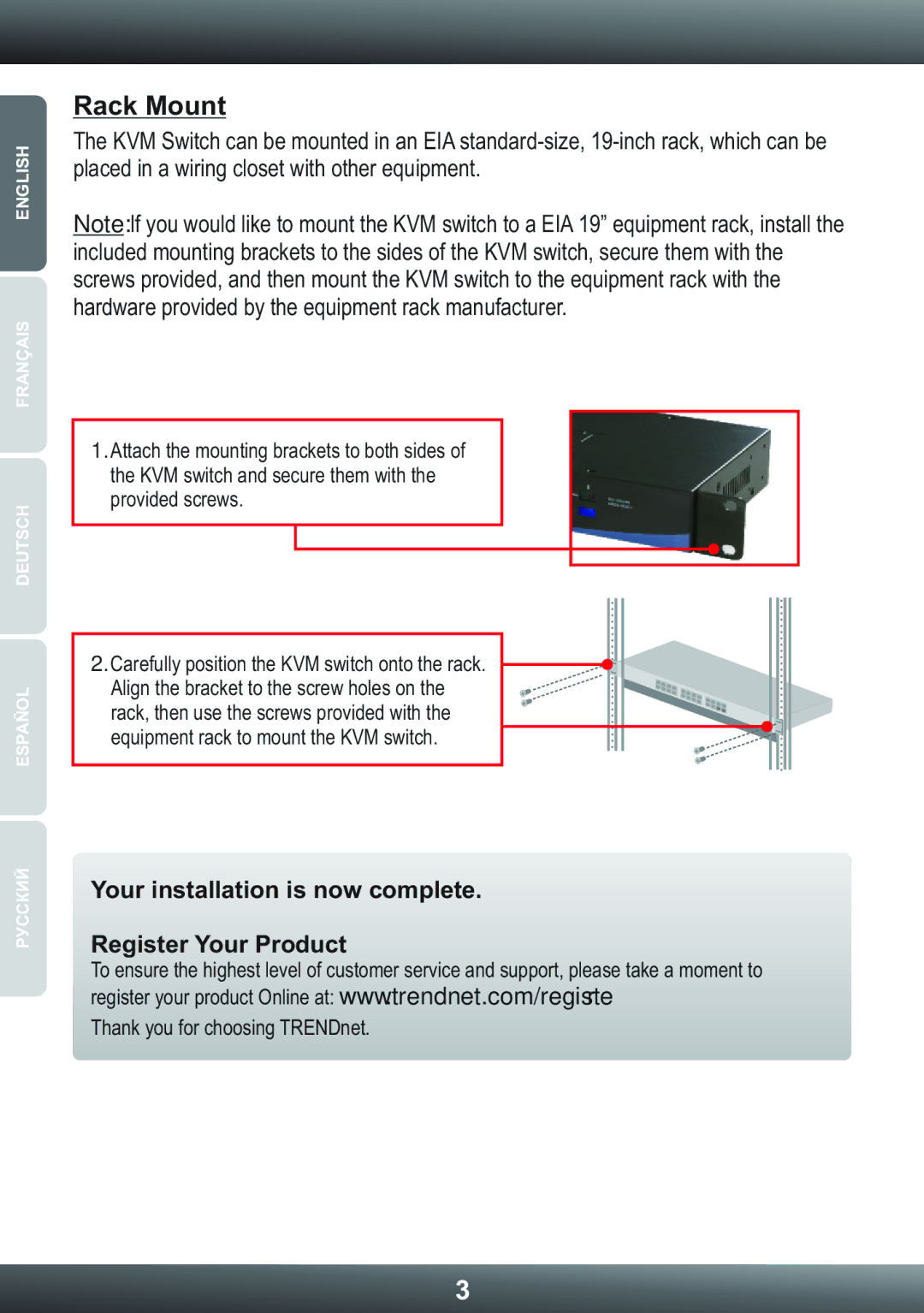 TRENDnet TK801R manual Rack Mount, Your installation is now complete Register Your Product 