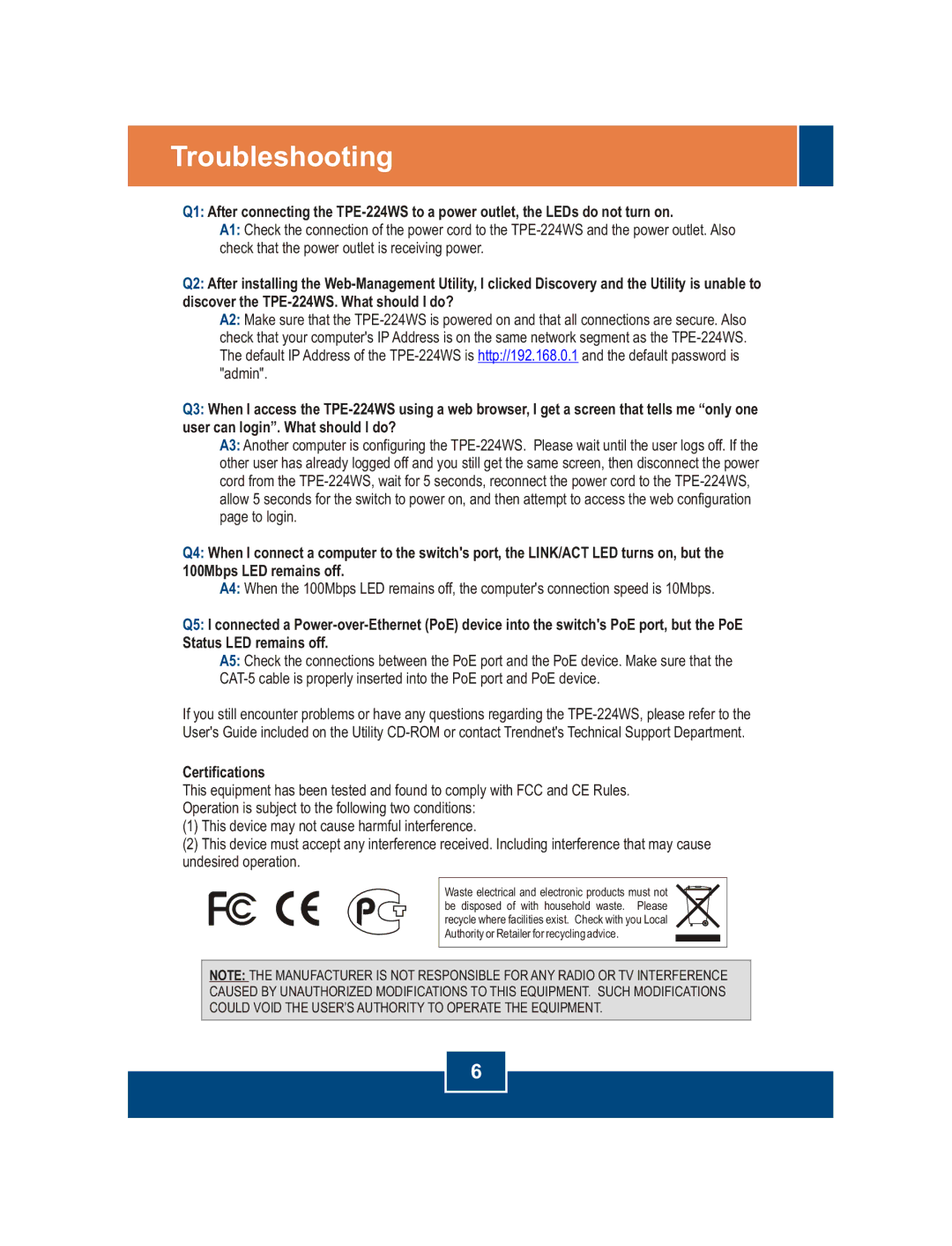 TRENDnet TPE-224WS, Utility CD-ROM manual Troubleshooting, Certifications 