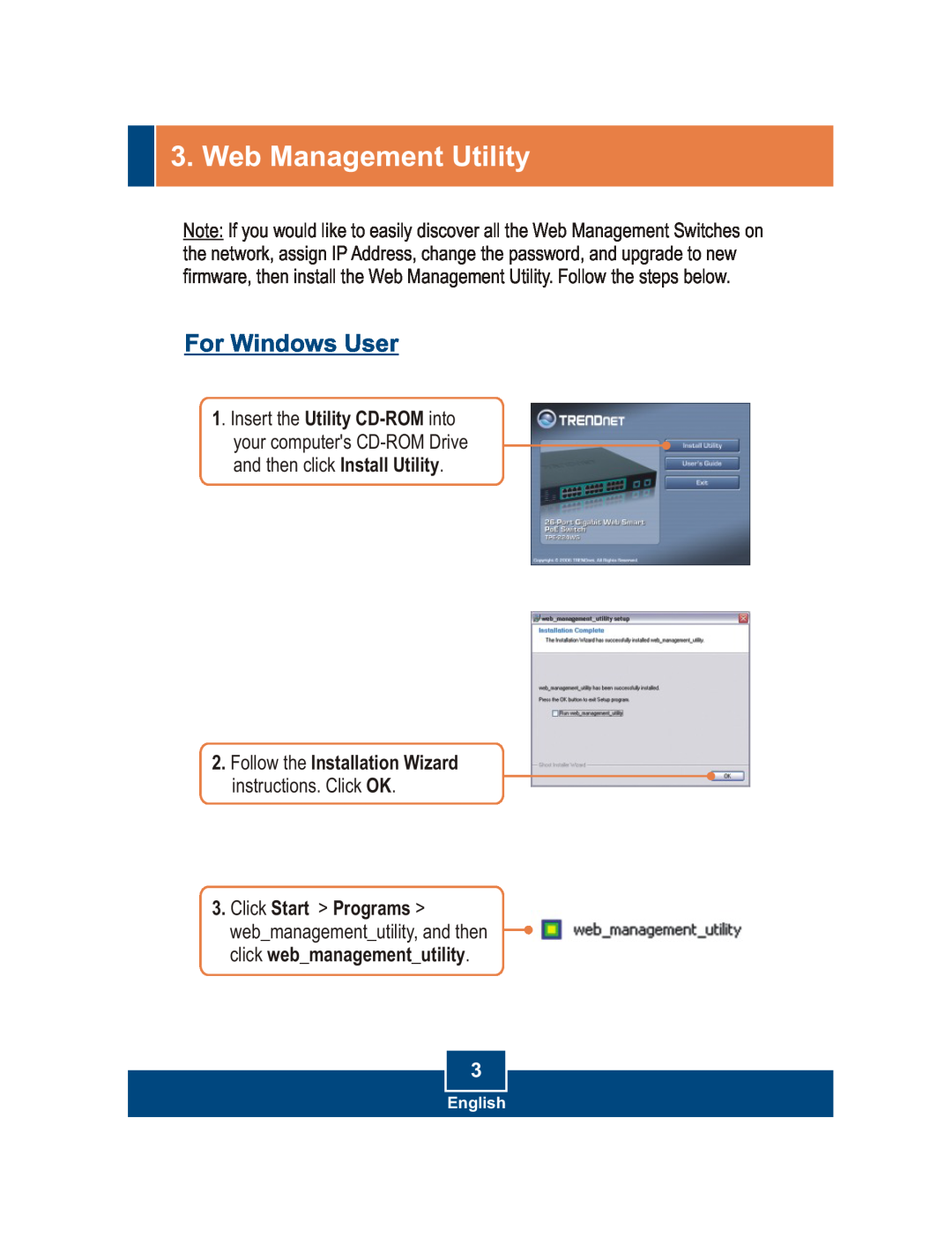 TRENDnet Utility CD-ROM, TPE-224WS manual Web Management Utility, For Windows User, Click Start Programs, English 