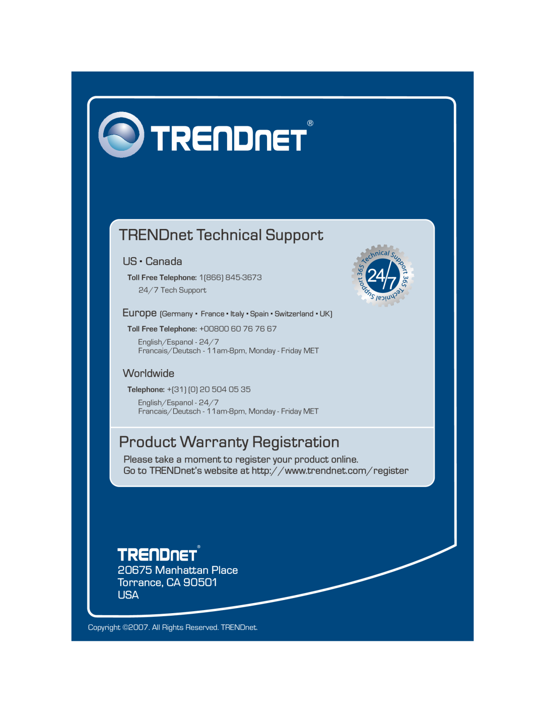 TRENDnet TPE-80WS Manhattan Place Torrance, CA USA, TRENDnet Technical Support, Product Warranty Registration, US . Canada 