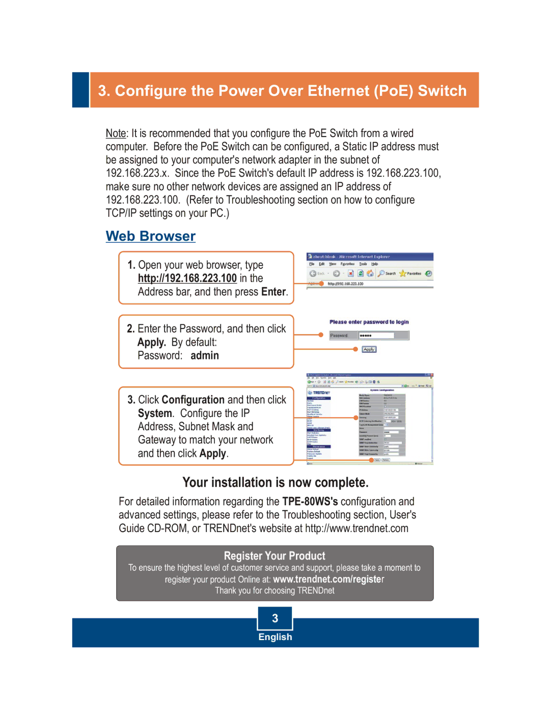 TRENDnet TPE-80WS manual Configure the Power Over Ethernet PoE Switch 