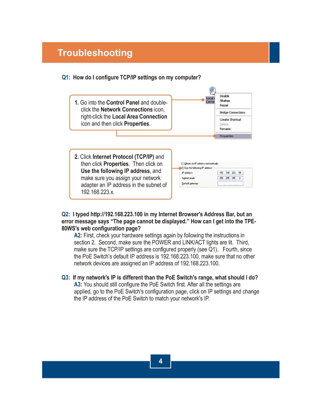 TRENDnet TPE-80WS manual Troubleshooting, Q1 How do I configure TCP/IP settings on my computer? 