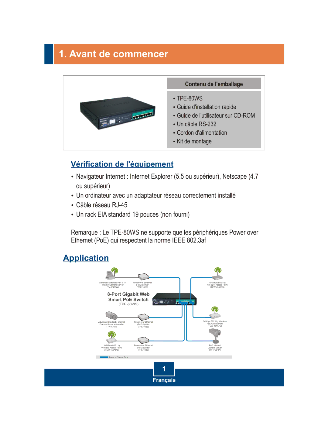 TRENDnet TPE-80WS manual Avant de commencer, Contenu de lemballage 