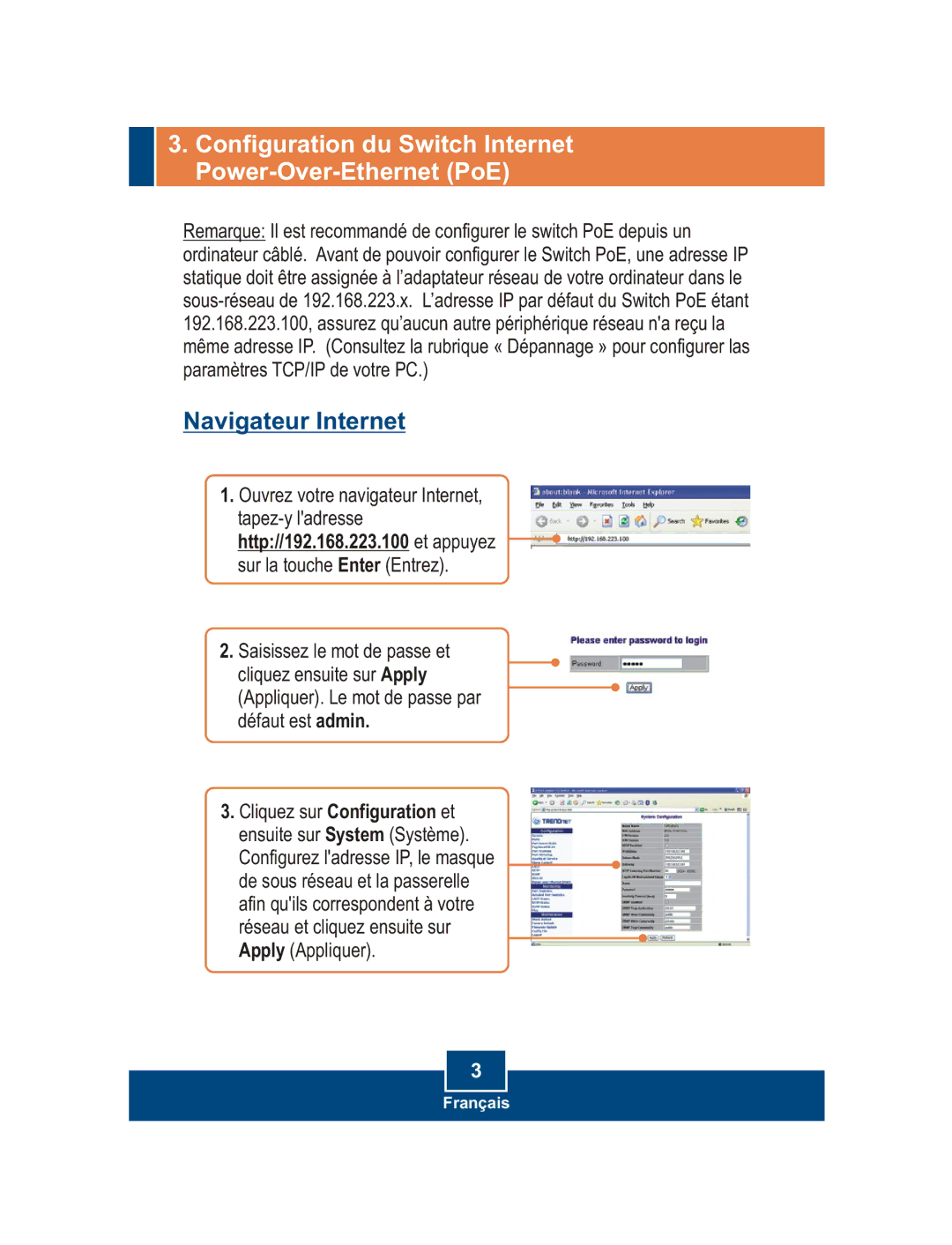 TRENDnet TPE-80WS manual Configuration du Switch Internet Power-Over-Ethernet PoE 