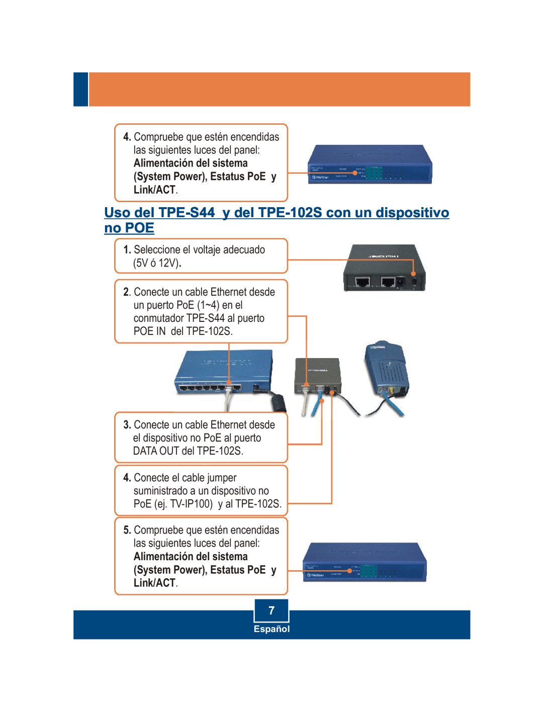 TRENDnet manual Uso del TPE-S44 y del TPE-102S con un dispositivo no POE 