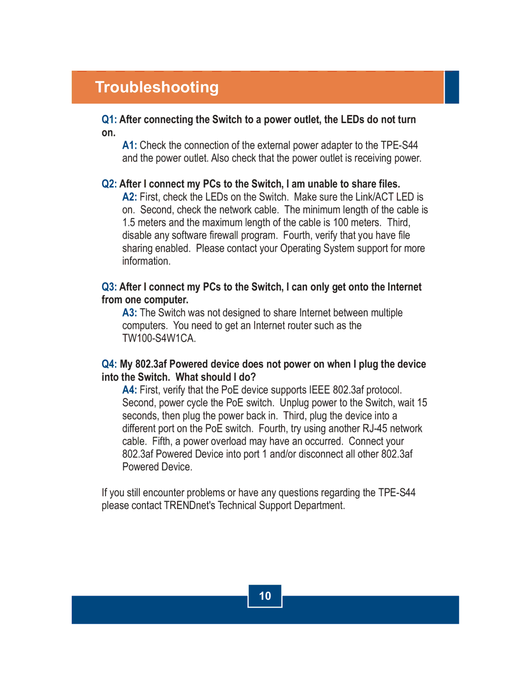 TRENDnet TPE-S44 manual Troubleshooting 