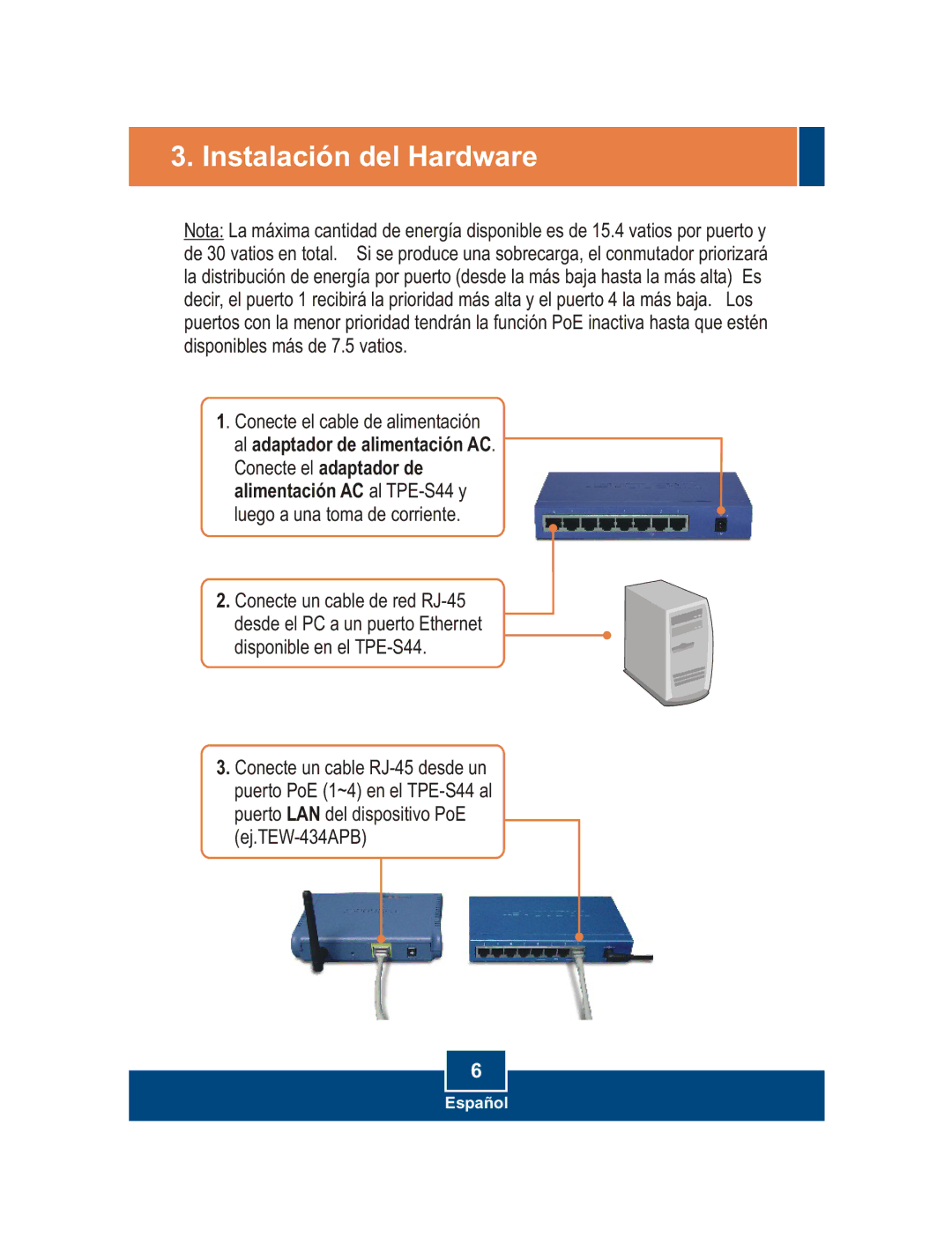 TRENDnet TPE-S44 manual Instalación del Hardware 