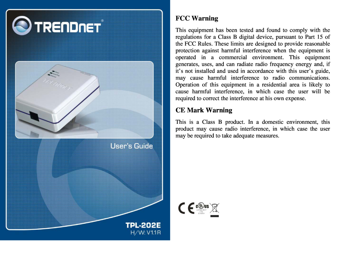 TRENDnet TPL-202E manual FCC Warning, CE Mark Warning 