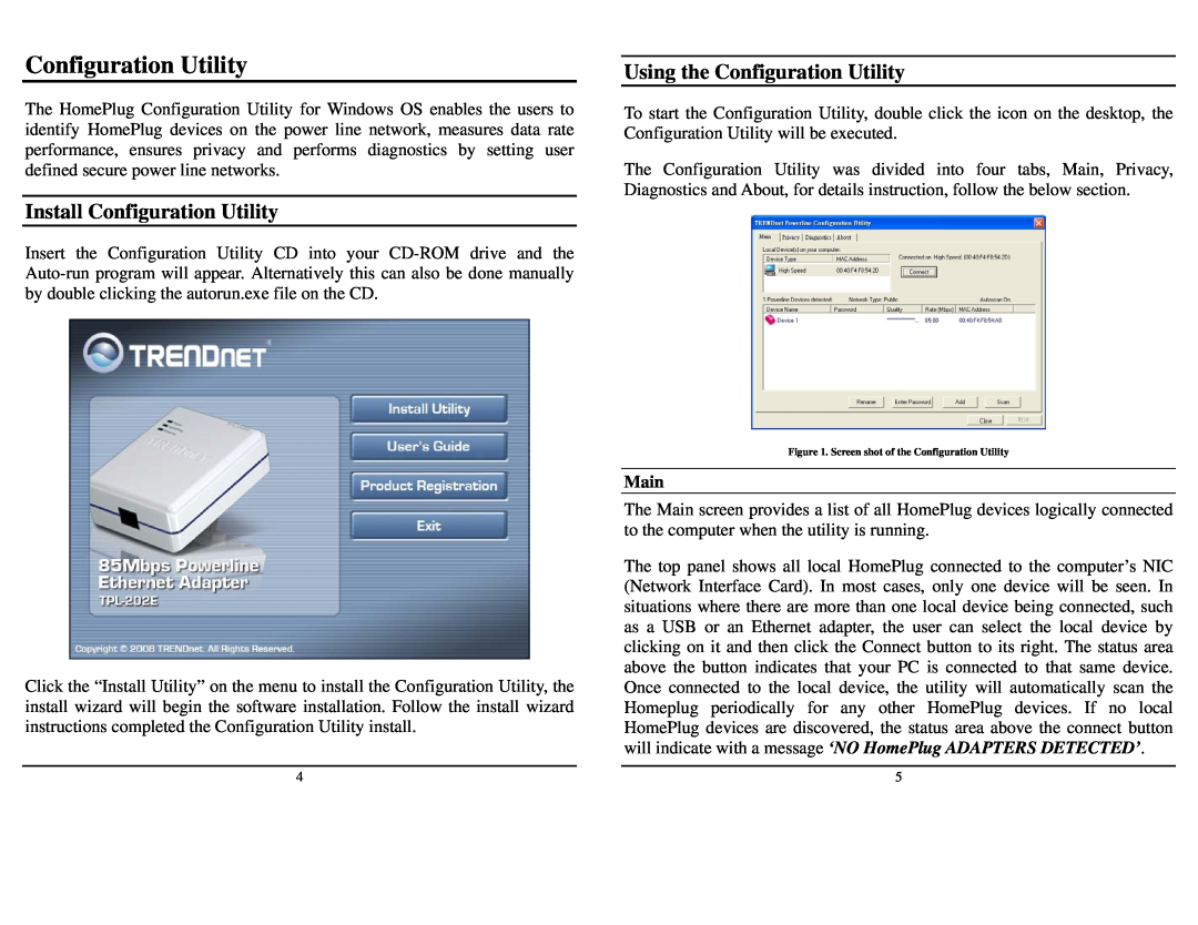 TRENDnet TPL-202E manual Install Configuration Utility, Using the Configuration Utility, Main 