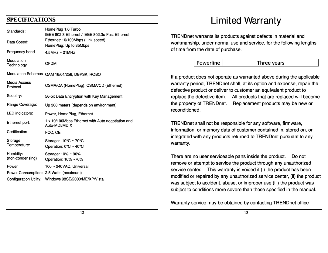 TRENDnet TPL-202E manual Specifications, Limited Warranty 