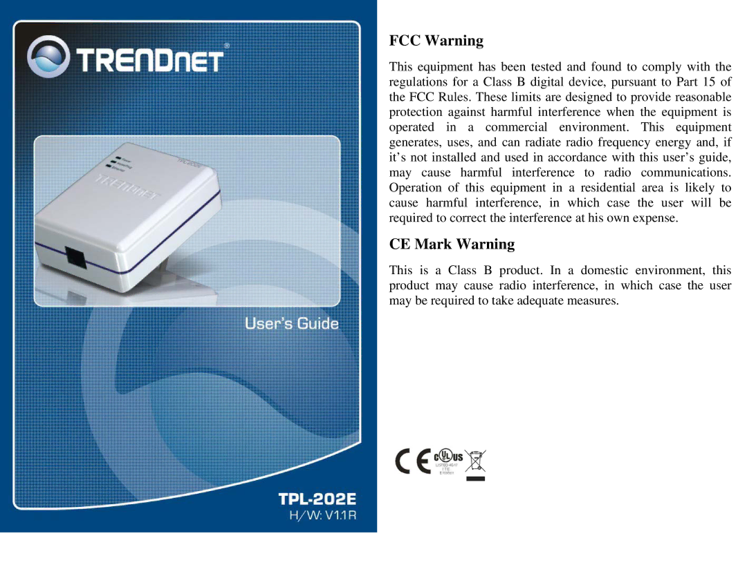 TRENDnet TPL-202E manual FCC Warning 