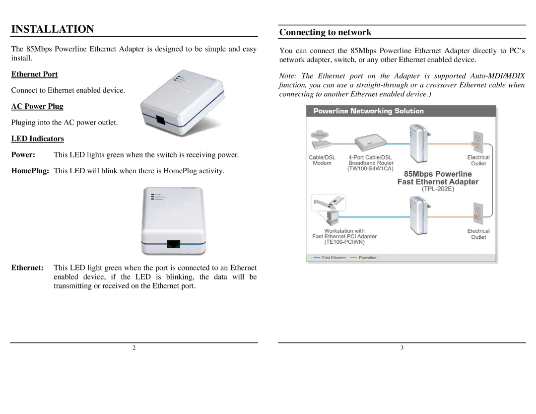 TRENDnet TPL-202E manual Connecting to network, Ethernet Port, AC Power Plug, LED Indicators 