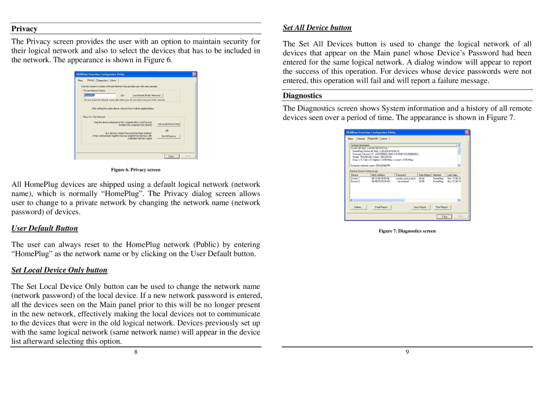 TRENDnet TPL-202E manual Privacy, Diagnostics 