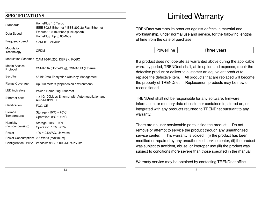 TRENDnet TPL-202E manual Limited Warranty 