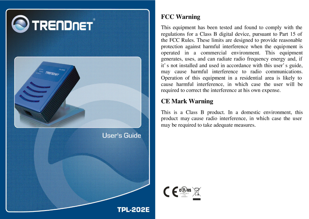 TRENDnet TPL-202E manual FCC Warning 