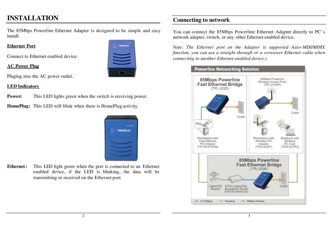 TRENDnet TPL-202E manual Connecting to network, Ethernet Port, AC Power Plug, LED Indicators 