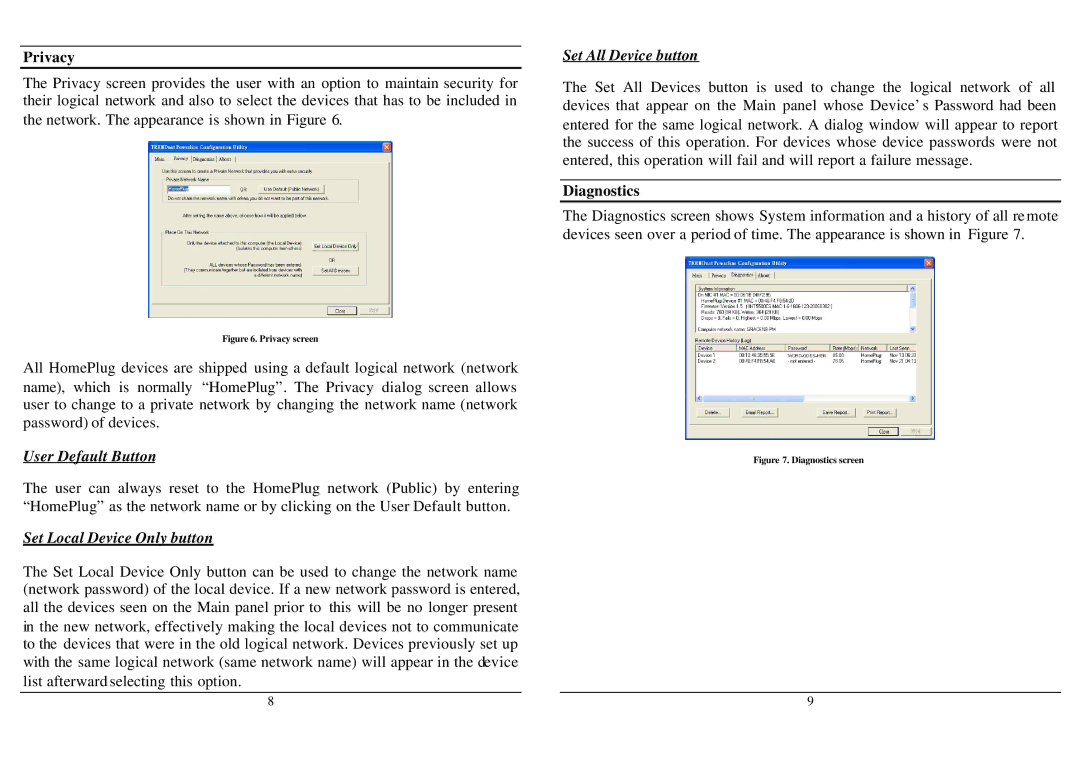 TRENDnet TPL-202E manual Privacy, Diagnostics 