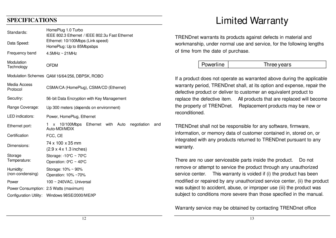 TRENDnet TPL-202E manual Limited Warranty 