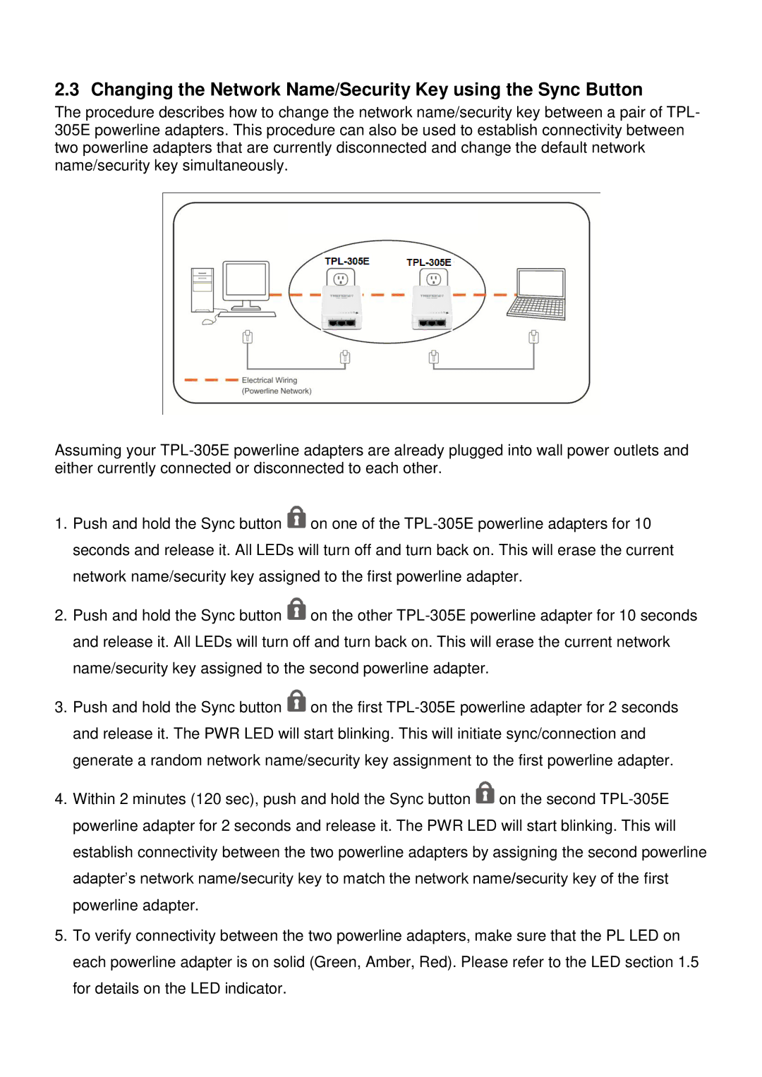 TRENDnet TPL-305E, Powerline Network Solution manual Changing the Network Name/Security Key using the Sync Button 