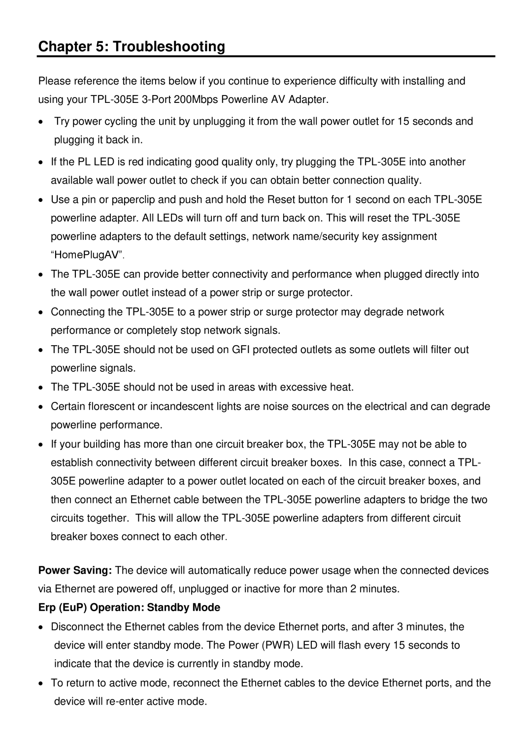 TRENDnet Powerline Network Solution, TPL-305E manual Troubleshooting, Erp EuP Operation Standby Mode 