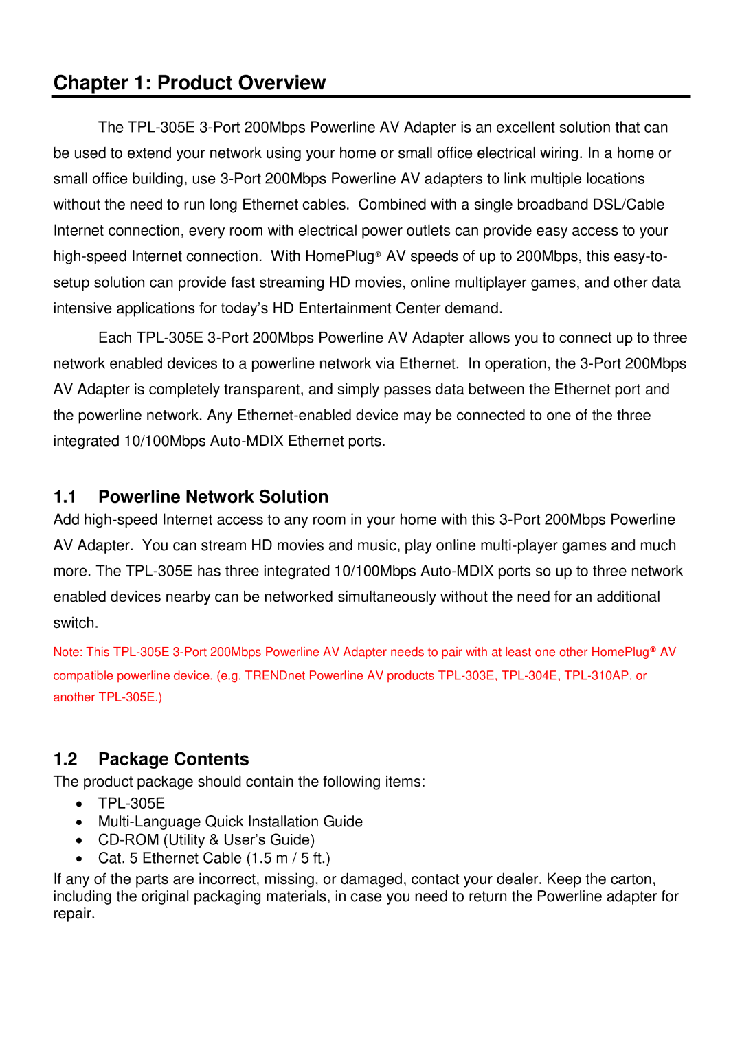 TRENDnet Powerline Network Solution, TPL-305E manual Product Overview, Package Contents 