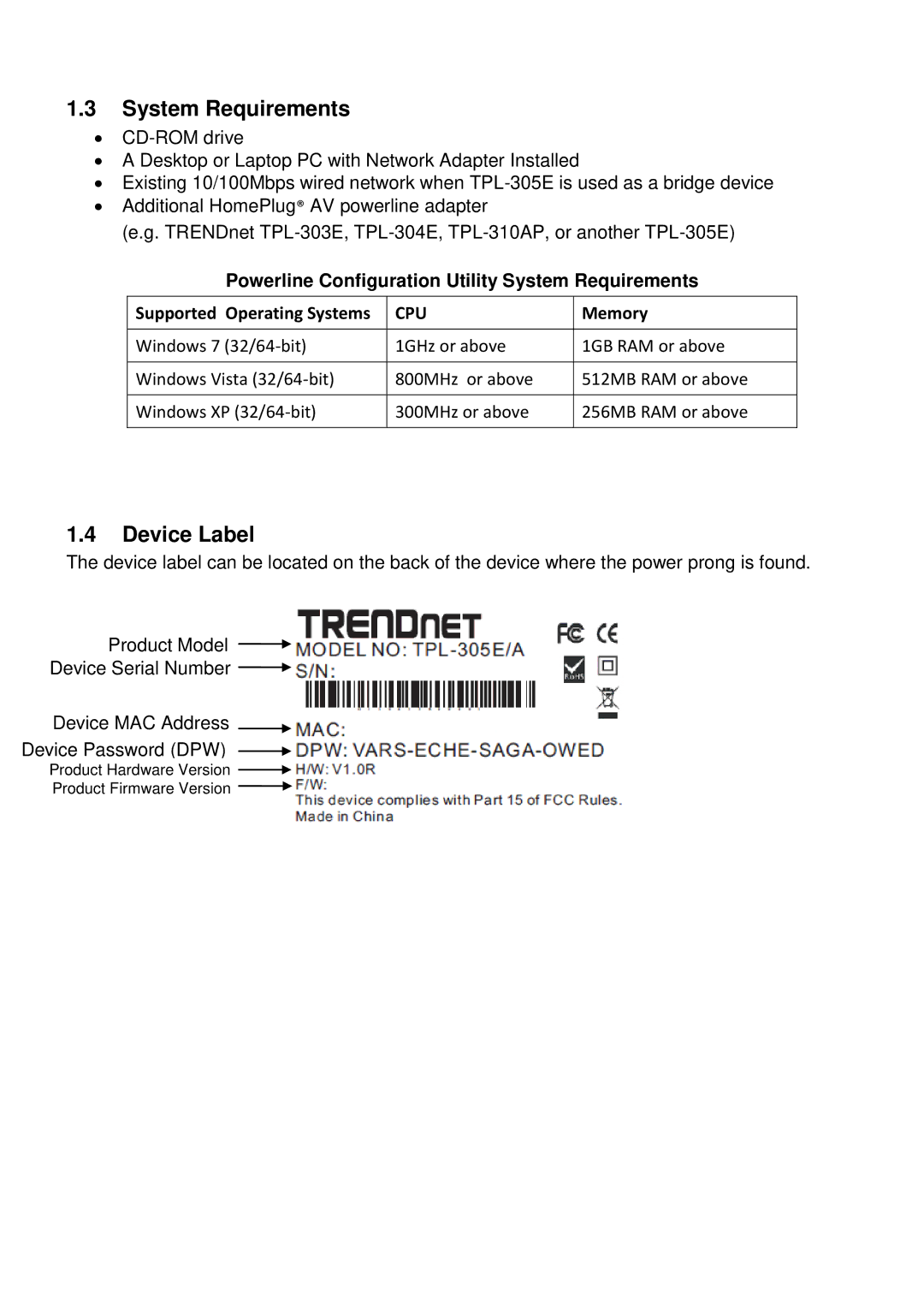 TRENDnet TPL-305E, Powerline Network Solution manual System Requirements, Device Label 