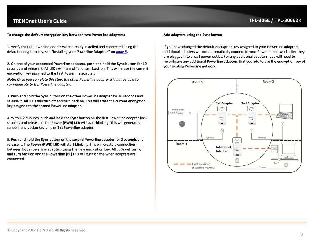 TRENDnet TPL306E2K To change the default encryption key between two Powerline adapters, Add adapters using the Sync button 