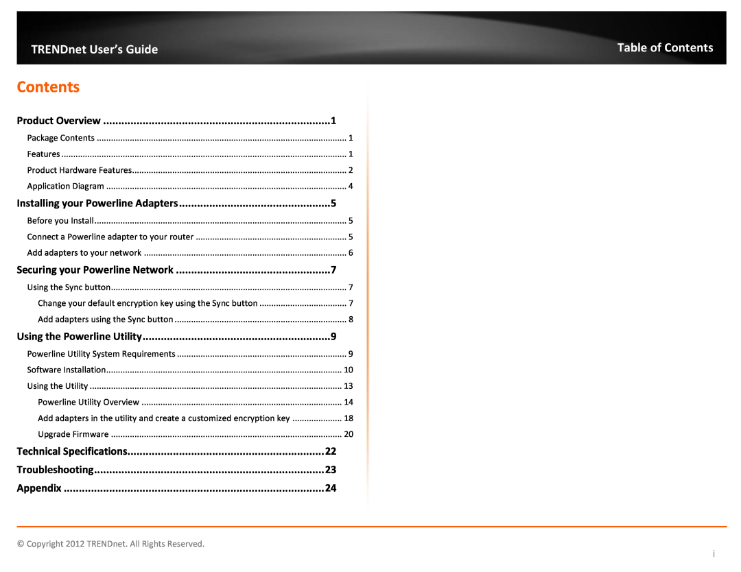 TRENDnet TPL306E2K Table of Contents, Product Overview, Installing your Powerline Adapters, Using the Powerline Utility 