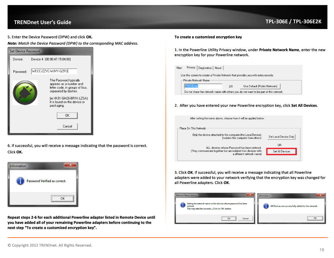 TRENDnet TPL306E2K manual To create a customized encryption key, TRENDnet User’s Guide, TPL-306E / TPL-306E2K 