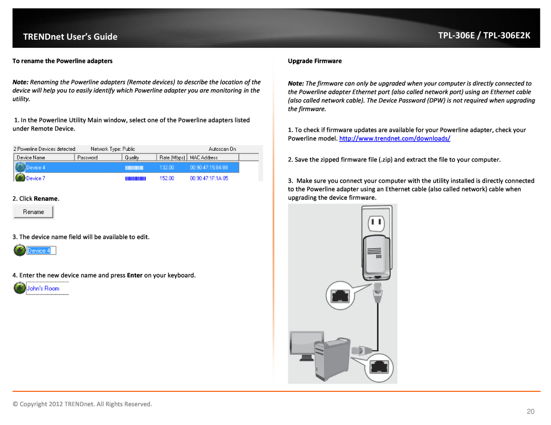 TRENDnet TPL306E2K manual To rename the Powerline adapters, TRENDnet User’s Guide, TPL-306E / TPL-306E2K, Upgrade Firmware 