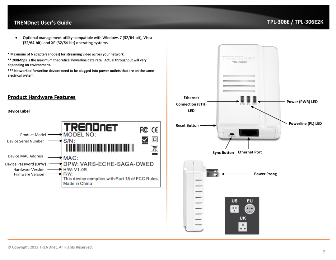 TRENDnet TPL306E2K manual Product Hardware Features, Device Label, Ethernet Connection ETH LED, Power PWR LED, Reset Button 