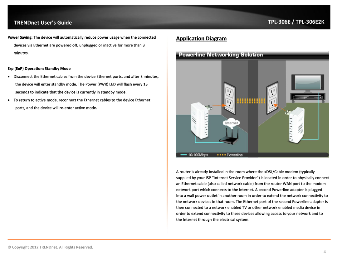 TRENDnet TPL306E2K manual Application Diagram, Erp EuP Operation Standby Mode, TRENDnet User’s Guide, TPL-306E / TPL-306E2K 