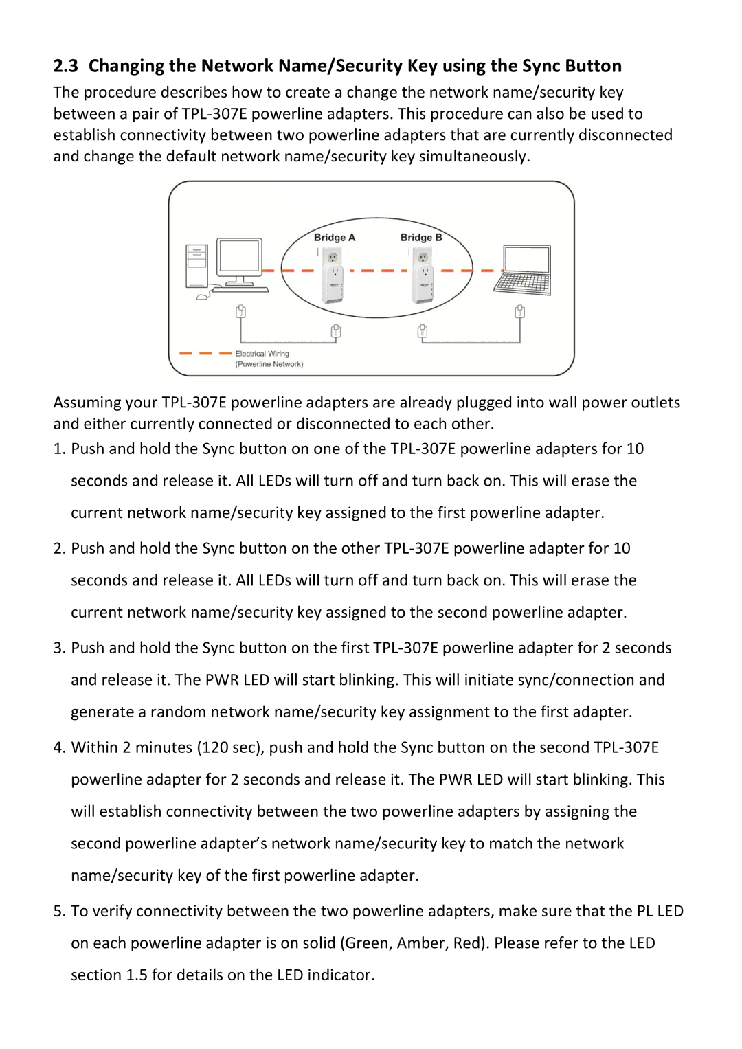 TRENDnet TPL307E2K manual Changing the Network Name/Security Key using the Sync Button 