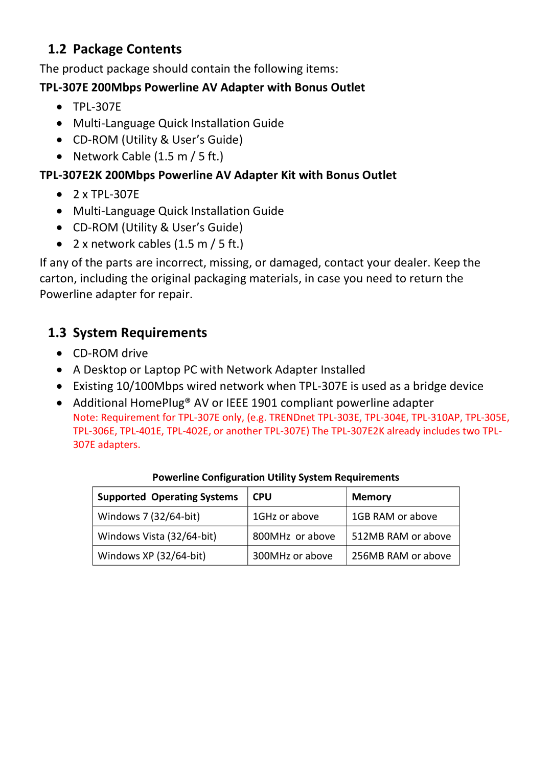 TRENDnet TPL307E2K manual Package Contents, System Requirements 