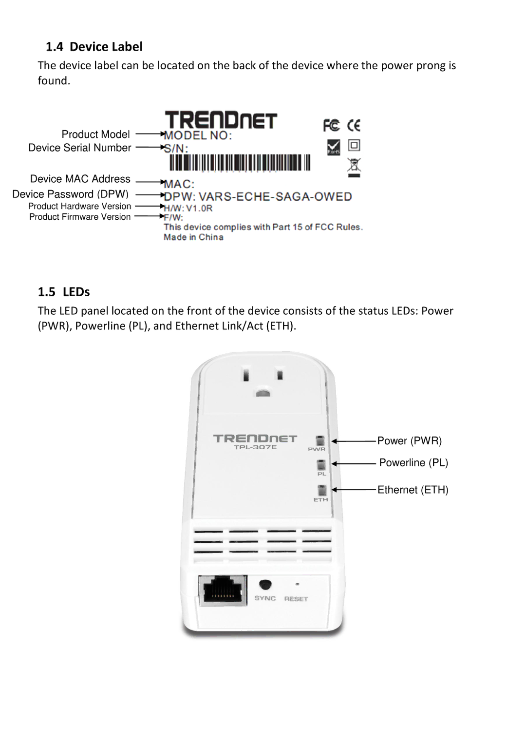 TRENDnet TPL307E2K manual Device Label, LEDs 