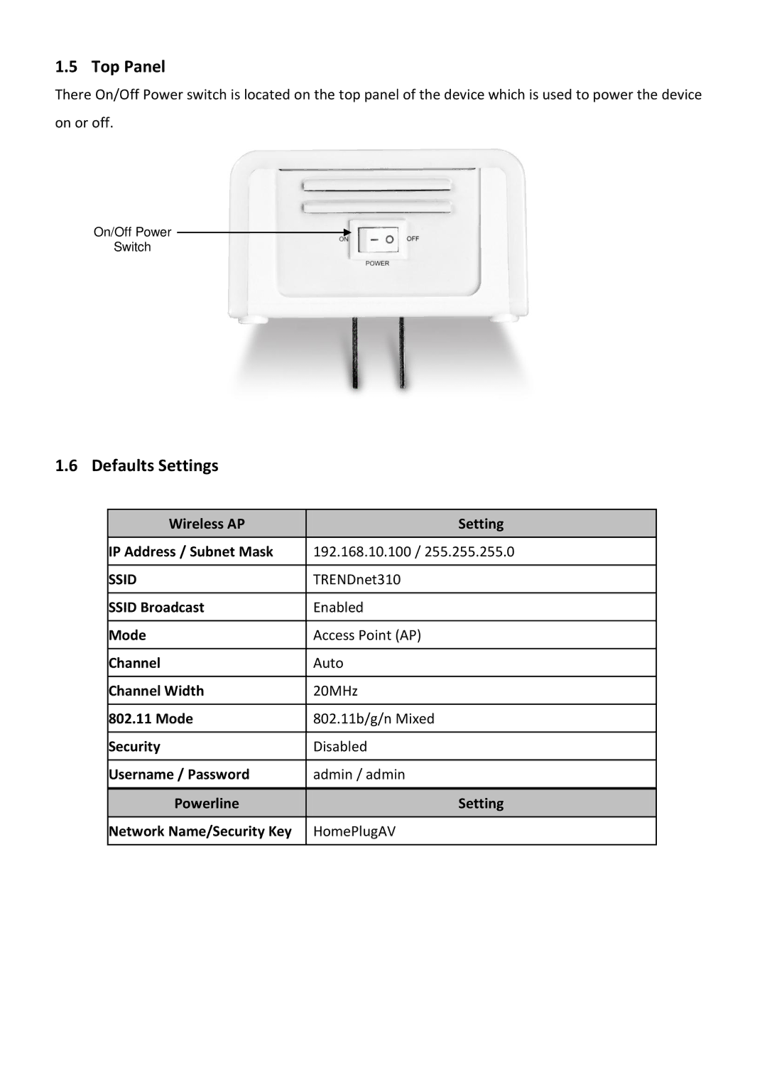 TRENDnet TPL310AP Top Panel, Defaults Settings, Wireless AP Setting IP Address / Subnet Mask 192.168.10.100, TRENDnet310 