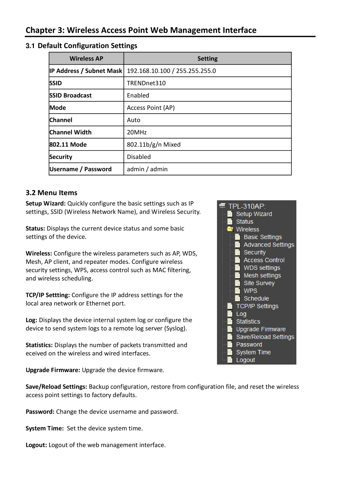 TRENDnet TPL310AP manual Wireless Access Point Web Management Interface, Default Configuration Settings, Menu Items 