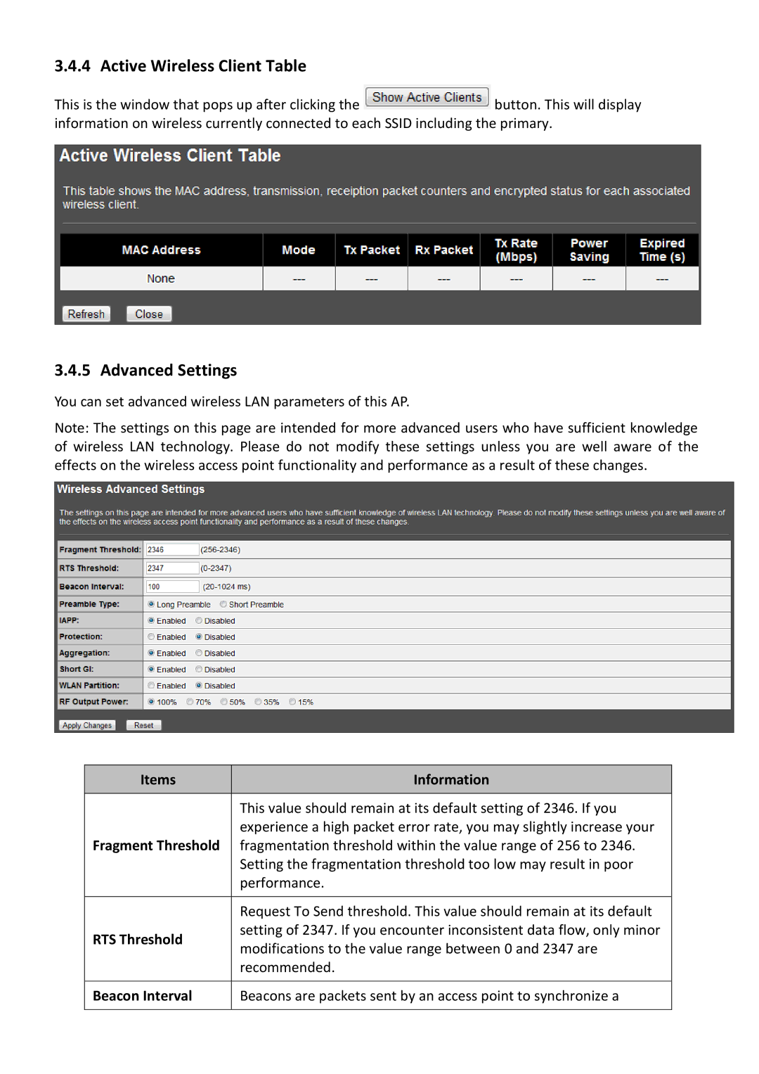 TRENDnet TPL310AP manual Active Wireless Client Table, Advanced Settings 