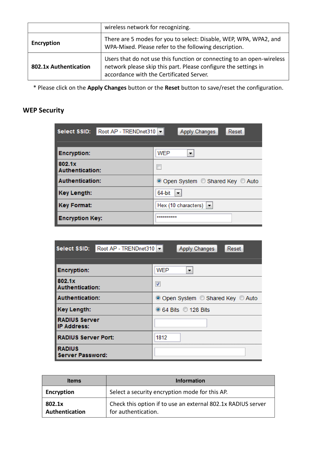 TRENDnet TPL310AP manual WEP Security, 802.1x Authentication 