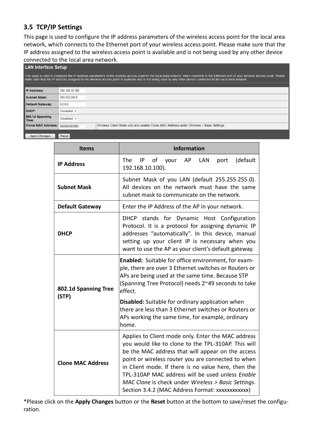 TRENDnet TPL310AP manual TCP/IP Settings, Items Information IP Address, 802.1d Spanning Tree, Clone MAC Address 